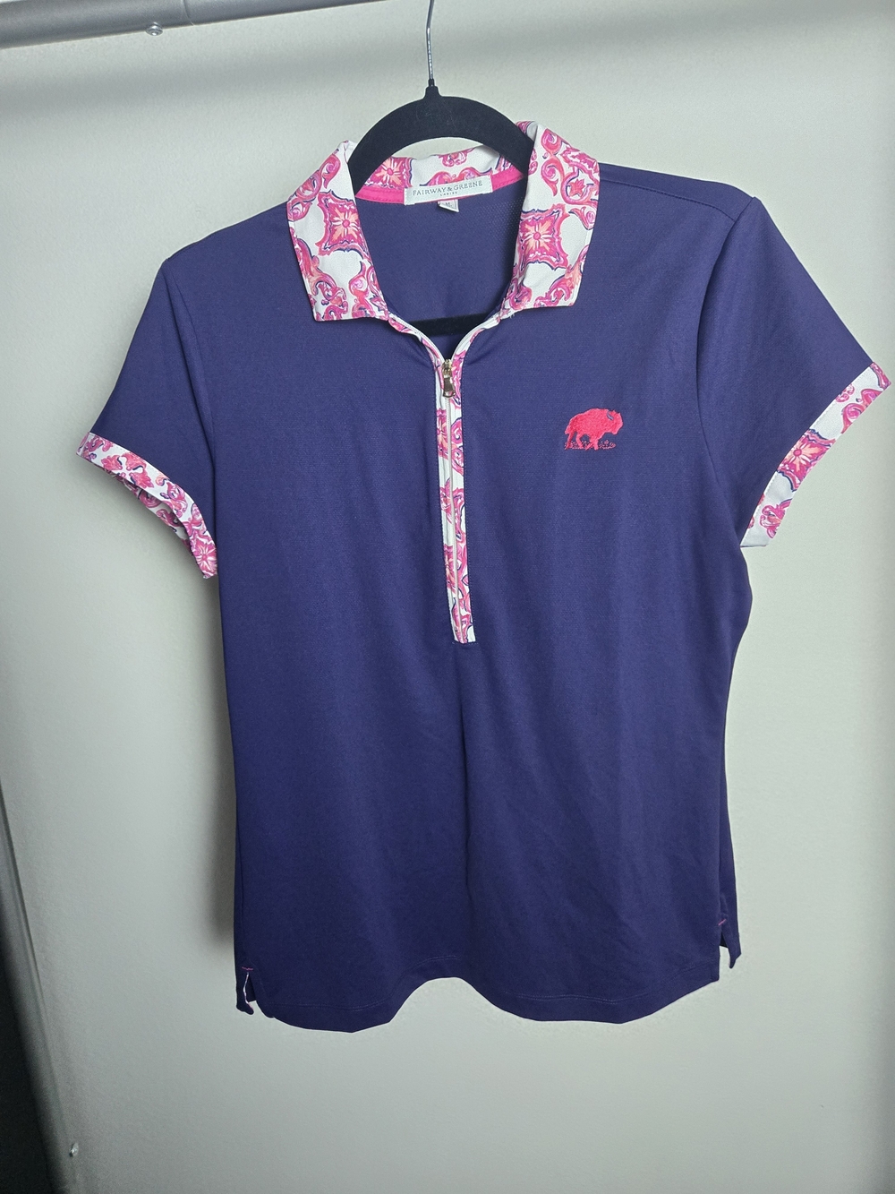 Fairway & Greene Purple Polo with Pink Patterned Collar